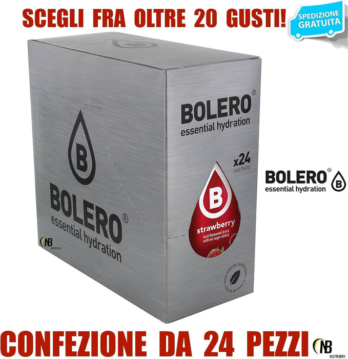 Bolero Bebida Sabor Fresa, Caja de 24x9g. Preparado en polvo sin azúcar ni carbohidratos, con Stevia y Vitamina C para una hidratación deliciosa y saludable. Bolero - presentacion