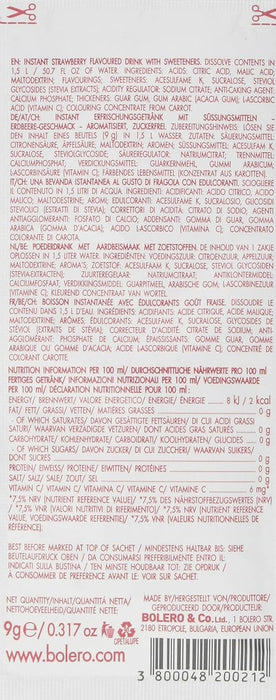 Bolero Bebida Sabor Fresa, Caja de 24x9g. Preparado en polvo sin azúcar ni carbohidratos, con Stevia y Vitamina C para una hidratación deliciosa y saludable. Bolero - uso