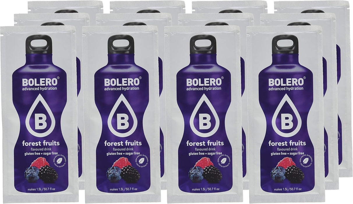 Bolero Bebida Sabor Frutas del Bosque, 12 sobres de 9g. Refresco instantáneo en polvo sin azúcar, endulzado con Stevia y con Vitamina C, bajo en calorías. Bolero - extra