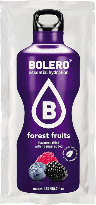 Bolero Bebida Sabor Frutas del Bosque, 12 sobres de 9g. Refresco instantáneo en polvo sin azúcar, endulzado con Stevia y con Vitamina C, bajo en calorías. Bolero - ingredientes