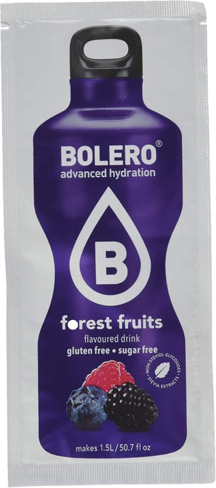 Bolero Bebida Sabor Frutas del Bosque, 12 sobres de 9g. Refresco instantáneo en polvo sin azúcar, endulzado con Stevia y con Vitamina C, bajo en calorías. Bolero - lateral