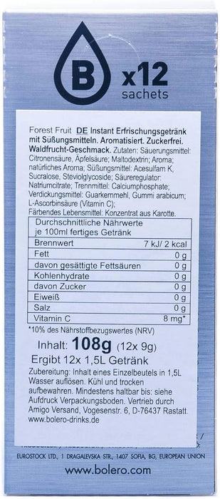 Bolero Bebida Sabor Frutas del Bosque, 12 sobres de 9g. Refresco instantáneo en polvo sin azúcar, endulzado con Stevia y con Vitamina C, bajo en calorías. Bolero - pack