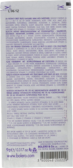 Bolero Bebida Sabor Frutas del Bosque, 12 sobres de 9g. Refresco instantáneo en polvo sin azúcar, endulzado con Stevia y con Vitamina C, bajo en calorías. Bolero - presentacion
