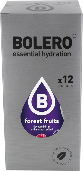 Bolero Bebida Sabor Frutas del Bosque, 12 sobres de 9g. Refresco instantáneo en polvo sin azúcar, endulzado con Stevia y con Vitamina C, bajo en calorías. Bolero - uso