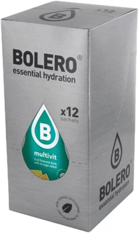 Bolero Bebida Sabor Multivitaminas, 12 sobres de 9g. Preparado en polvo sin azúcar, con Stevia y Vitaminas A, C y E para una hidratación funcional y saludable. Bolero - frontal