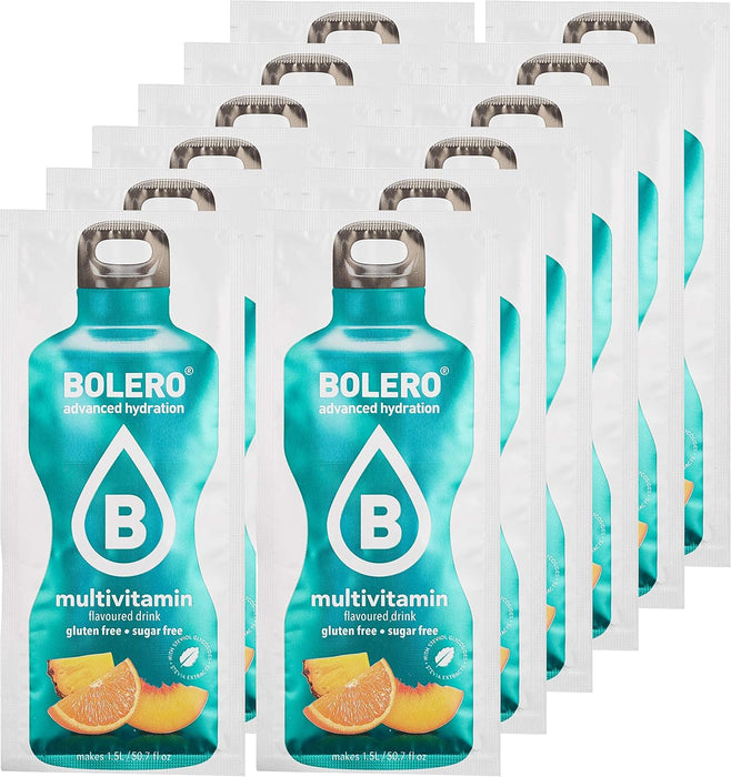 Bolero Bebida Sabor Multivitaminas, 12 sobres de 9g. Preparado en polvo sin azúcar, con Stevia y Vitaminas A, C y E para una hidratación funcional y saludable. Bolero - lateral