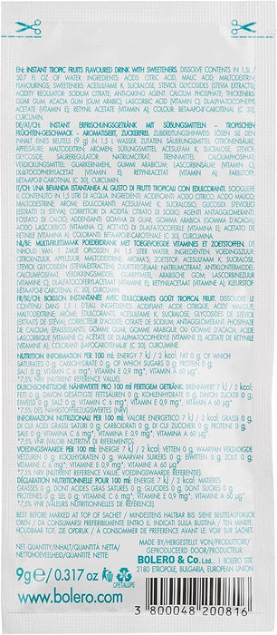Bolero Bebida Sabor Multivitaminas, 12 sobres de 9g. Preparado en polvo sin azúcar, con Stevia y Vitaminas A, C y E para una hidratación funcional y saludable. Bolero - uso