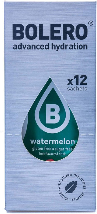 Bolero Bebida Sabor Sandía, 12 sobres de 9g. Refresco instantáneo sin azúcar, con Stevia, sin gluten y con Vitamina C. Una bebida saludable y baja en calorías. Bolero - detalle