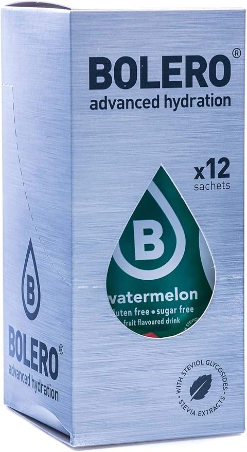 Bolero Bebida Sabor Sandía, 12 sobres de 9g. Refresco instantáneo sin azúcar, con Stevia, sin gluten y con Vitamina C. Una bebida saludable y baja en calorías. Bolero - frontal