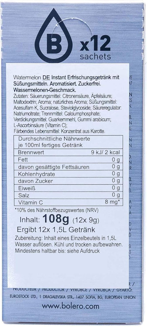 Bolero Bebida Sabor Sandía, 12 sobres de 9g. Refresco instantáneo sin azúcar, con Stevia, sin gluten y con Vitamina C. Una bebida saludable y baja en calorías. Bolero - pack