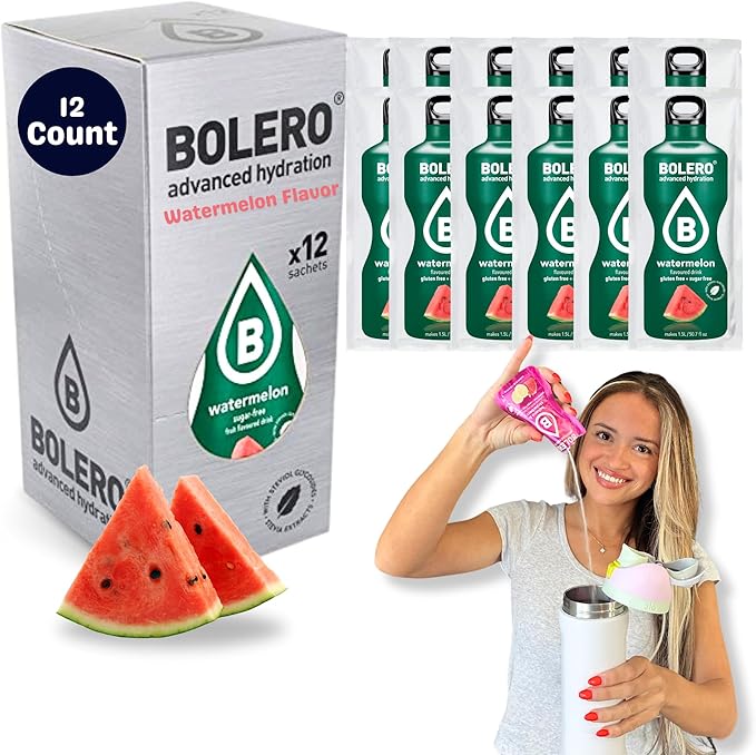 Bolero Bebida Sabor Sandía, 12 sobres de 9g. Refresco instantáneo sin azúcar, con Stevia, sin gluten y con Vitamina C. Una bebida saludable y baja en calorías. Bolero - zoom