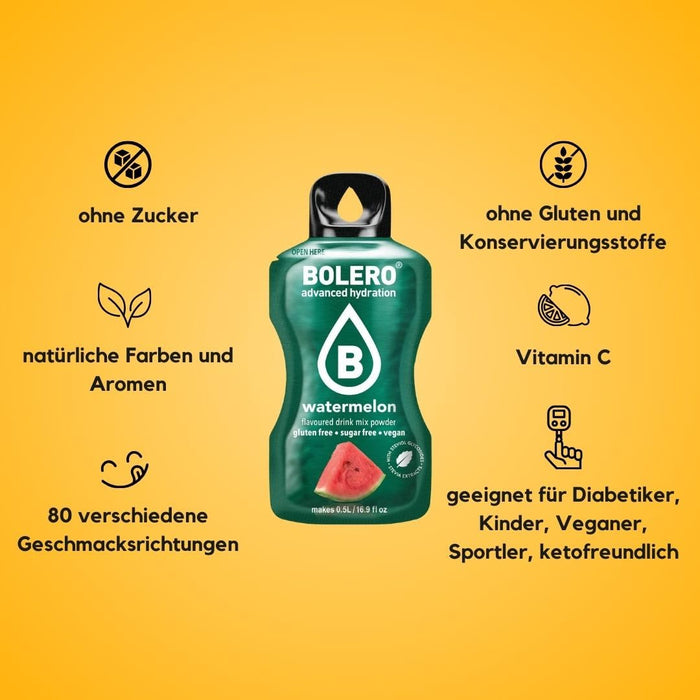 Bolero Citrus Mix, pack de 24 sobres de 3g. Una selección de los sabores cítricos más refrescantes en formato stick sin azúcar, con Stevia, Vitamina C, sin gluten y vegano. Bolero - uso