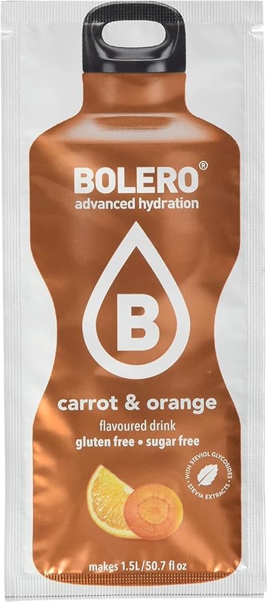 Bolero Classic Sabor Zanahoria y Naranja, pack de 12 sobres de 9g. Bebida en polvo sin azúcar y con Stevia para una hidratación óptima, baja en calorías y con un sabor delicioso. Bolero - frontal