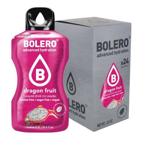 Bolero Drinks Fruta del Dragón, pack de 24 sobres de 3g. Bebida refrescante en polvo soluble, sin azúcar y con Stevia. Una opción baja en calorías para hidratarte con sabor. Bolero - frontal