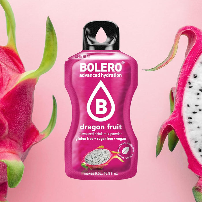 Bolero Drinks Fruta del Dragón, pack de 24 sobres de 3g. Bebida refrescante en polvo soluble, sin azúcar y con Stevia. Una opción baja en calorías para hidratarte con sabor. Bolero - ingredientes