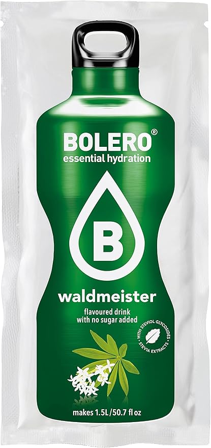 Bolero Drinks Sabor Aspérula, pack de 12 sobres de 9g. Refresco instantáneo para una hidratación avanzada sin azúcar, con Stevia y Vitamina C. Sabor herbal y natural. Bolero - frontal