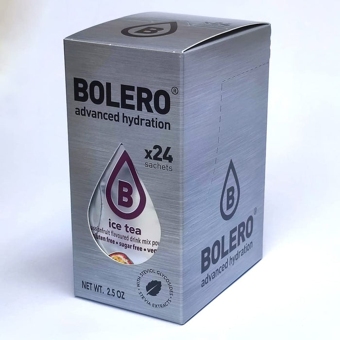Bolero Drinks Té Helado de Maracuyá, Caja de 24 sobres de 3g. Bebida instantánea en polvo sin azúcar, endulzada con Stevia, ideal para una hidratación refrescante y saludable. Bolero - frontal