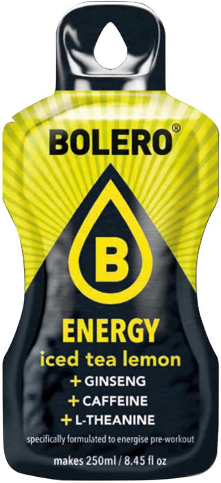Bolero Energy Drink, Bebida Energética Sin Azúcar, Pack de 12x7g. Un preparado en polvo con Taurina, Cafeína y Vitaminas B para apoyar tu rendimiento físico y energía. Bolero - detalle