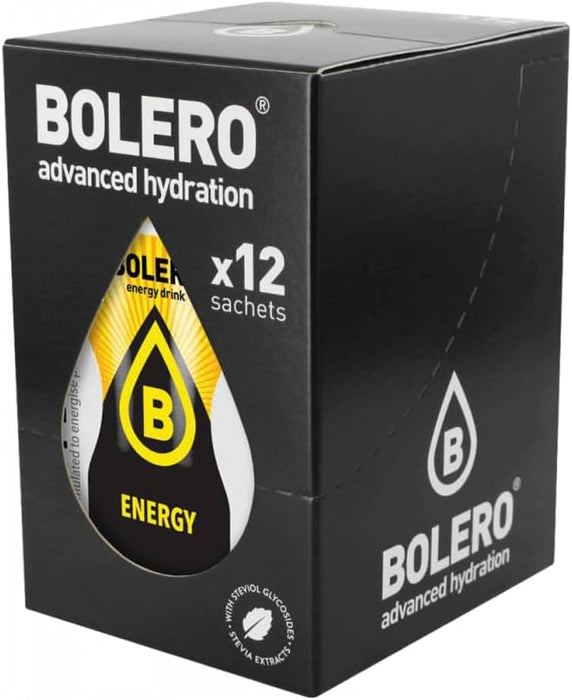 Bolero Energy Drink, Bebida Energética Sin Azúcar, Pack de 12x7g. Un preparado en polvo con Taurina, Cafeína y Vitaminas B para apoyar tu rendimiento físico y energía. Bolero - frontal