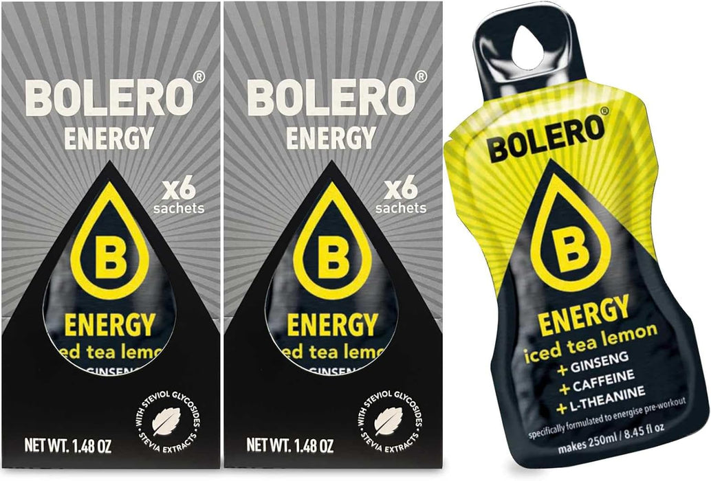 Bolero Energy Drink, Bebida Energética Sin Azúcar, Pack de 12x7g. Un preparado en polvo con Taurina, Cafeína y Vitaminas B para apoyar tu rendimiento físico y energía. Bolero - pack