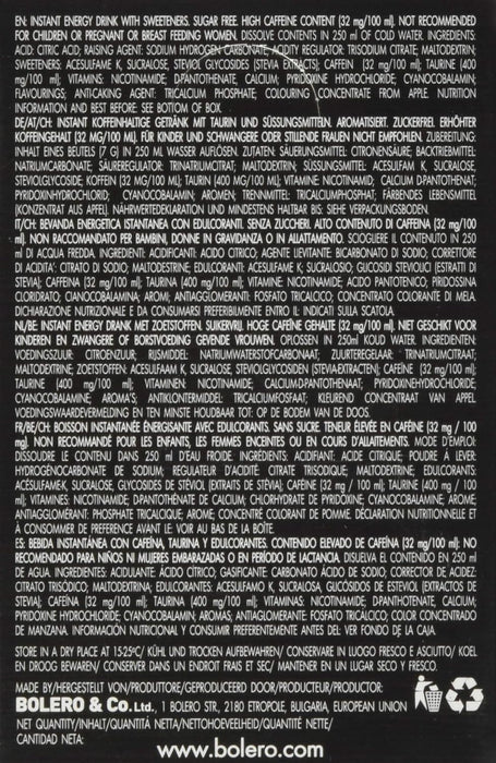 Bolero Energy Drink, Bebida Energética Sin Azúcar, Pack de 12x7g. Un preparado en polvo con Taurina, Cafeína y Vitaminas B para apoyar tu rendimiento físico y energía. Bolero - uso
