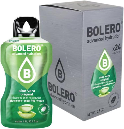 Bolero Sabor Aloe Vera, pack de 24 sobres de 3g. Bebida instantánea sin azúcar, con Stevia, Vitamina C y sabores naturales. Una opción vegana y sin gluten para un refresco ligero. Bolero - frontal