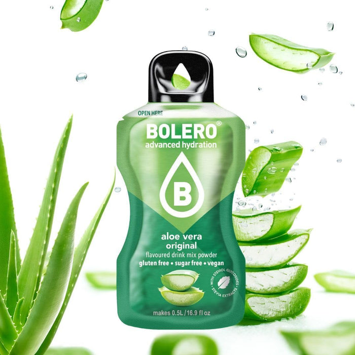 Bolero Sabor Aloe Vera, pack de 24 sobres de 3g. Bebida instantánea sin azúcar, con Stevia, Vitamina C y sabores naturales. Una opción vegana y sin gluten para un refresco ligero. Bolero - ingredientes