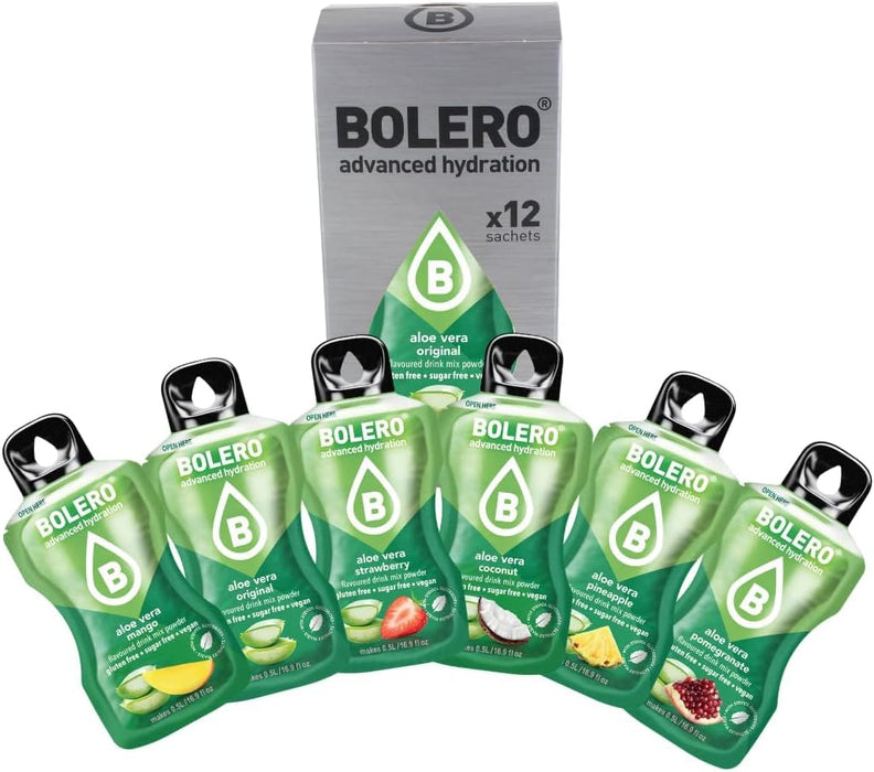 Bolero Sabor Aloe Vera, pack de 24 sobres de 3g. Bebida instantánea sin azúcar, con Stevia, Vitamina C y sabores naturales. Una opción vegana y sin gluten para un refresco ligero. Bolero - lateral