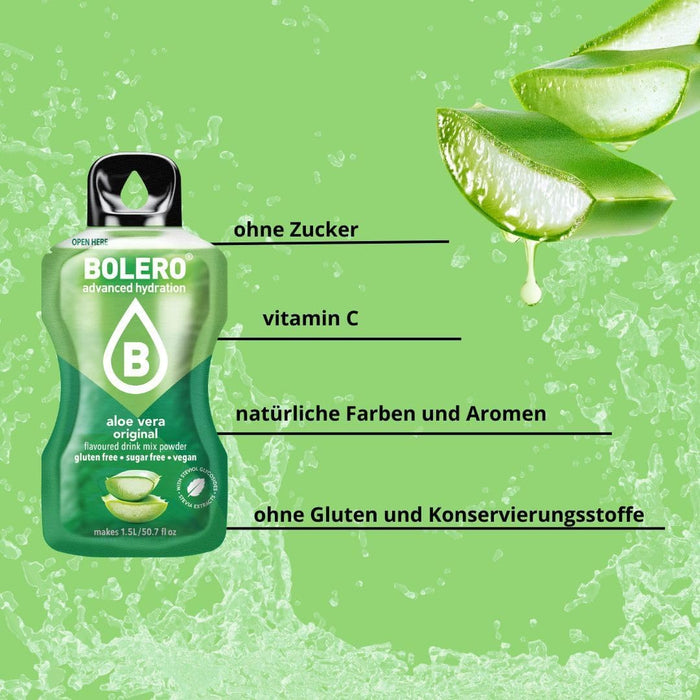 Bolero Sabor Aloe Vera, pack de 24 sobres de 3g. Bebida instantánea sin azúcar, con Stevia, Vitamina C y sabores naturales. Una opción vegana y sin gluten para un refresco ligero. Bolero - uso