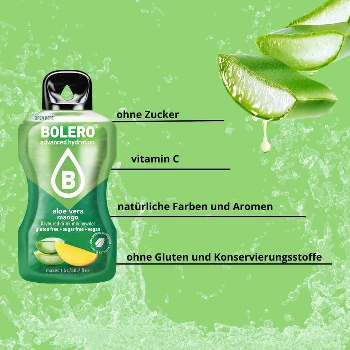 Bolero Sabor Aloe Vera y Mango, pack de 24x3g. Bebida en polvo sin azúcar con Stevia y Vitamina C. Una opción vegana y sin gluten para un refresco exótico y tropical. Bolero - uso