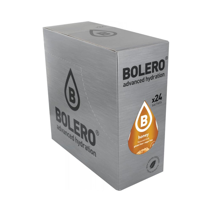 Bolero Sabor Miel, caja de 24 sobres. Una bebida instantánea sin azúcar, con Stevia y Vitamina C, que captura el dulzor natural de la miel en un refresco bajo en calorías. Bolero - frontal