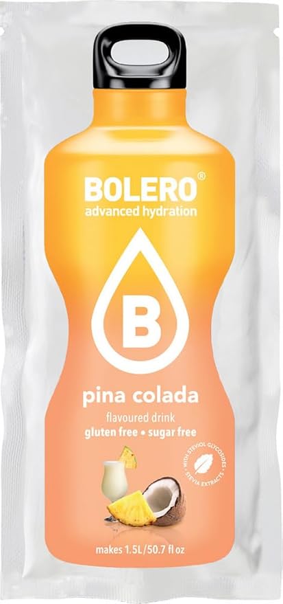 Bolero Sabor Piña Colada, pack de 24 sobres. Bebida instantánea para disfrutar del cóctel más tropical sin alcohol, sin azúcar y sin calorías, con Vitamina C y Stevia. Bolero - frontal
