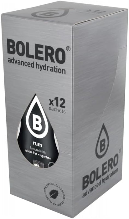 Bolero Sabor Ron, pack de 12 sobres. Una bebida instantánea sin azúcar para disfrutar del aroma del ron sin alcohol y sin calorías, con Stevia y Vitamina C. Ideal para cócteles. Bolero - frontal