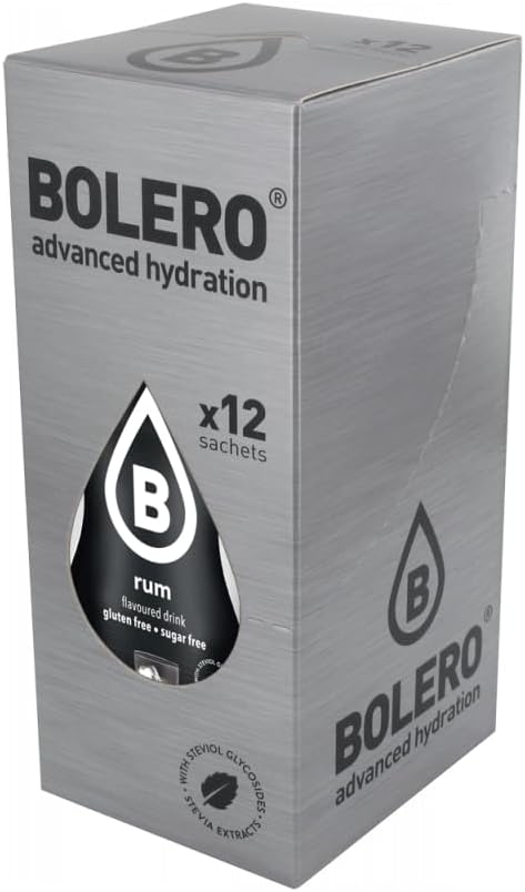 Bolero Sabor Ron, pack de 12 sobres. Una bebida instantánea sin azúcar para disfrutar del aroma del ron sin alcohol y sin calorías, con Stevia y Vitamina C. Ideal para cócteles. Bolero - frontal