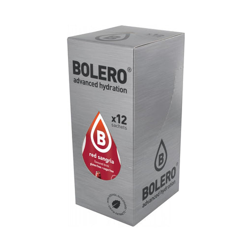 Bolero Sabor Sangría Tinta, pack de 12 sobres de 9g. Bebida refrescante sin azúcar, con Vitamina C y Stevia para disfrutar del sabor de la sangría sin alcohol y sin calorías. Bolero - frontal