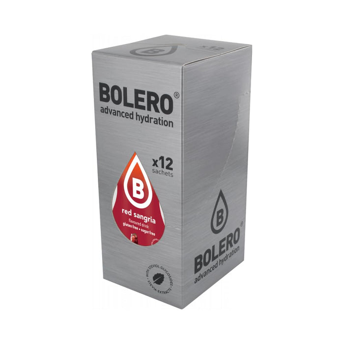 Bolero Sabor Sangría Tinta, pack de 12 sobres de 9g. Bebida refrescante sin azúcar, con Vitamina C y Stevia para disfrutar del sabor de la sangría sin alcohol y sin calorías. Bolero - frontal