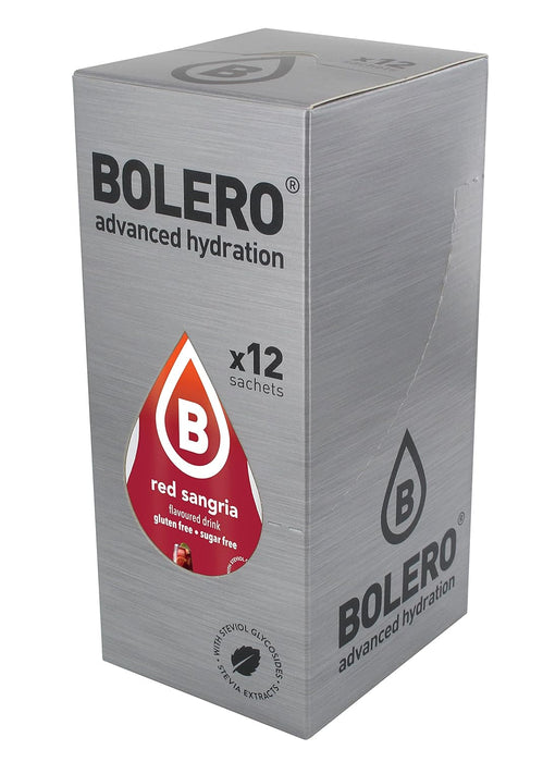 Bolero Sabor Sangría Tinta, pack de 12 sobres de 9g. Bebida refrescante sin azúcar, con Vitamina C y Stevia para disfrutar del sabor de la sangría sin alcohol y sin calorías. Bolero - pack