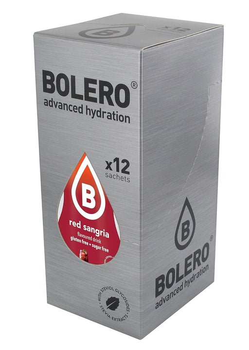 Bolero Sabor Sangría Tinta, pack de 12 sobres de 9g. Bebida refrescante sin azúcar, con Vitamina C y Stevia para disfrutar del sabor de la sangría sin alcohol y sin calorías. Bolero - pack