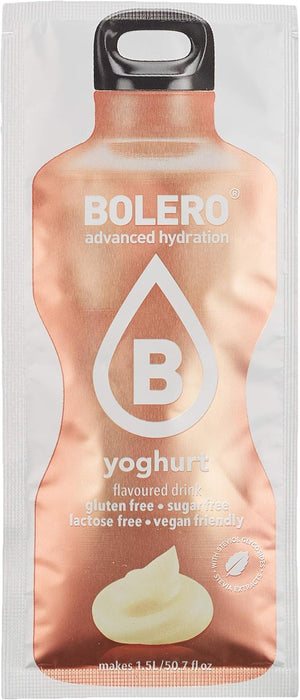 Bolero Sabor Yogur, pack de 24 sobres de 9g. Bebida en polvo sin azúcar para crear un refresco cremoso y bajo en calorías, con Vitamina C y el dulzor natural de la Stevia. Bolero - detalle