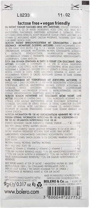 Bolero Sabor Yogur, pack de 24 sobres de 9g. Bebida en polvo sin azúcar para crear un refresco cremoso y bajo en calorías, con Vitamina C y el dulzor natural de la Stevia. Bolero - ingredientes