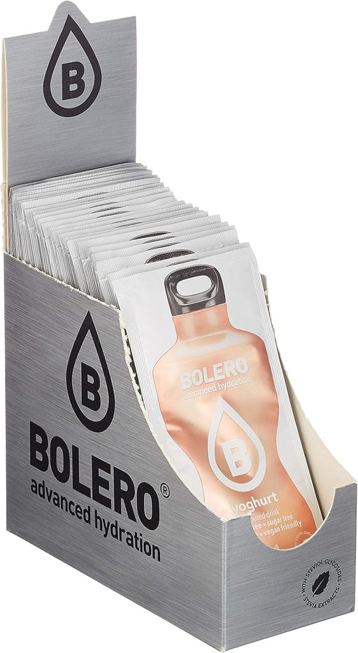 Bolero Sabor Yogur, pack de 24 sobres de 9g. Bebida en polvo sin azúcar para crear un refresco cremoso y bajo en calorías, con Vitamina C y el dulzor natural de la Stevia. Bolero - pack