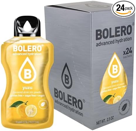 Bolero Sabor Yuzu, pack de 24 sobres de 3g. Bebida en polvo sin azúcar con el exótico sabor del cítrico japonés, con Stevia, Vitamina C, vegana y sin gluten. Bolero - frontal