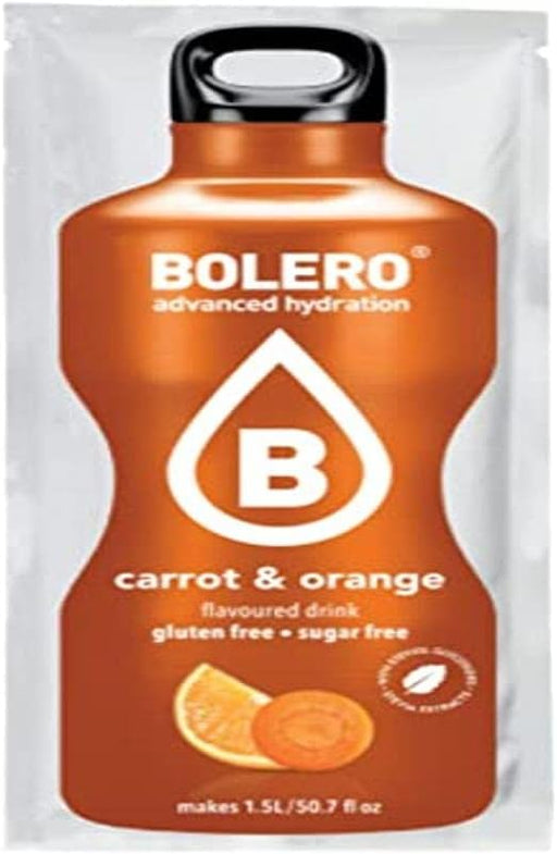 Bolero Sabor Zanahoria y Naranja, pack de 24 sobres de 9g. Bebida en polvo sin azúcar, baja en calorías y con Vitamina C para una hidratación refrescante y funcional. Bolero - frontal