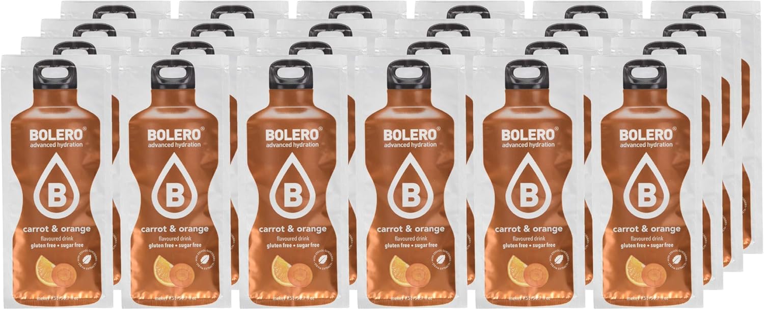 Bolero Sabor Zanahoria y Naranja, pack de 24 sobres de 9g. Bebida en polvo sin azúcar, baja en calorías y con Vitamina C para una hidratación refrescante y funcional. Bolero - ingredientes