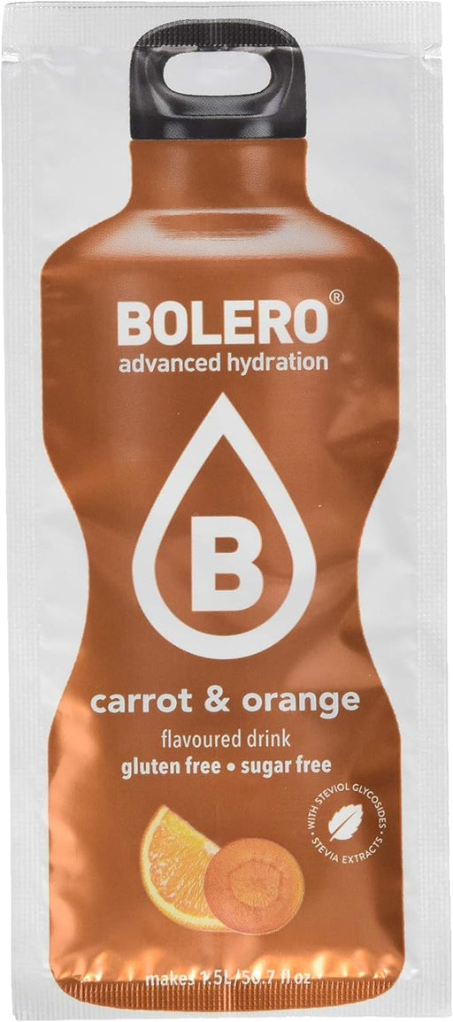 Bolero Sabor Zanahoria y Naranja, pack de 24 sobres de 9g. Bebida en polvo sin azúcar, baja en calorías y con Vitamina C para una hidratación refrescante y funcional. Bolero - pack