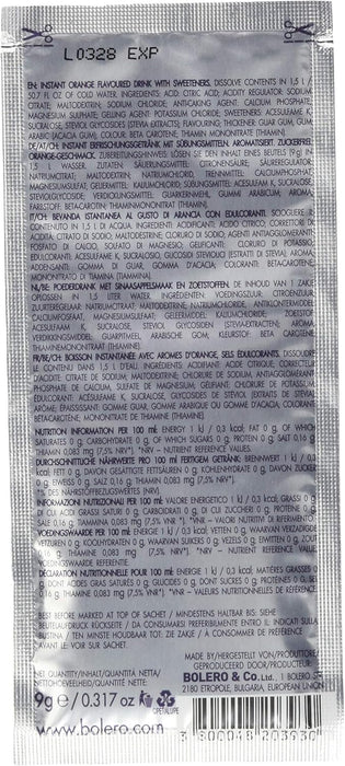 Bolero Sport Sabor Naranja, Caja de 12x9g. Bebida isotónica en polvo sin azúcar con Stevia y minerales para una hidratación avanzada y un rendimiento deportivo óptimo. Bolero - detalle