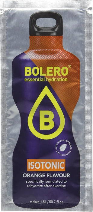 Bolero Sport Sabor Naranja, Caja de 12x9g. Bebida isotónica en polvo sin azúcar con Stevia y minerales para una hidratación avanzada y un rendimiento deportivo óptimo. Bolero - lateral