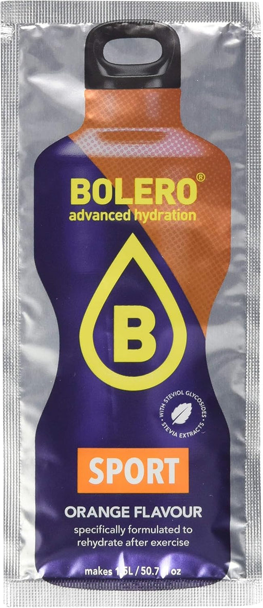 Bolero Sport Sabor Naranja, Caja de 12x9g. Bebida isotónica en polvo sin azúcar con Stevia y minerales para una hidratación avanzada y un rendimiento deportivo óptimo. Bolero - pack