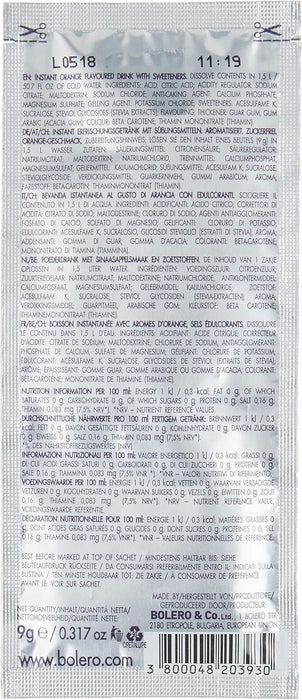 Bolero Sport Sabor Naranja, Caja de 24x9g. Bebida isotónica en polvo sin azúcar con Stevia y minerales para una hidratación avanzada y un rendimiento deportivo óptimo. Bolero - lateral