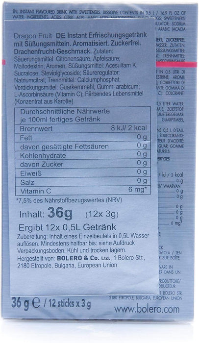Bolero Sticks, 12 unidades de 3g para una hidratación deliciosa. Bebida en polvo sin azúcar y sin calorías, con Vitamina C y Stevia. El refresco ideal para deportistas y dietas. Bolero - detalle